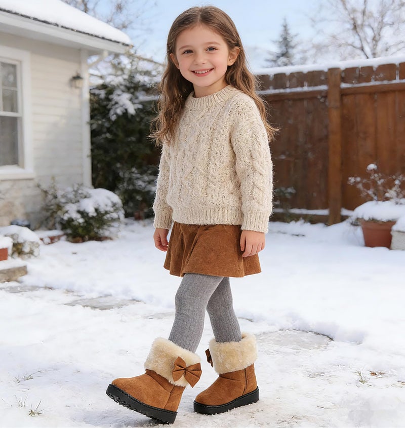 DADAWEN Baby's Girl's Toddler Fashion Cute Bowknot Fur Lining Princess Warm Snow Boots Brown US Size 5 M Toddler - Image 3